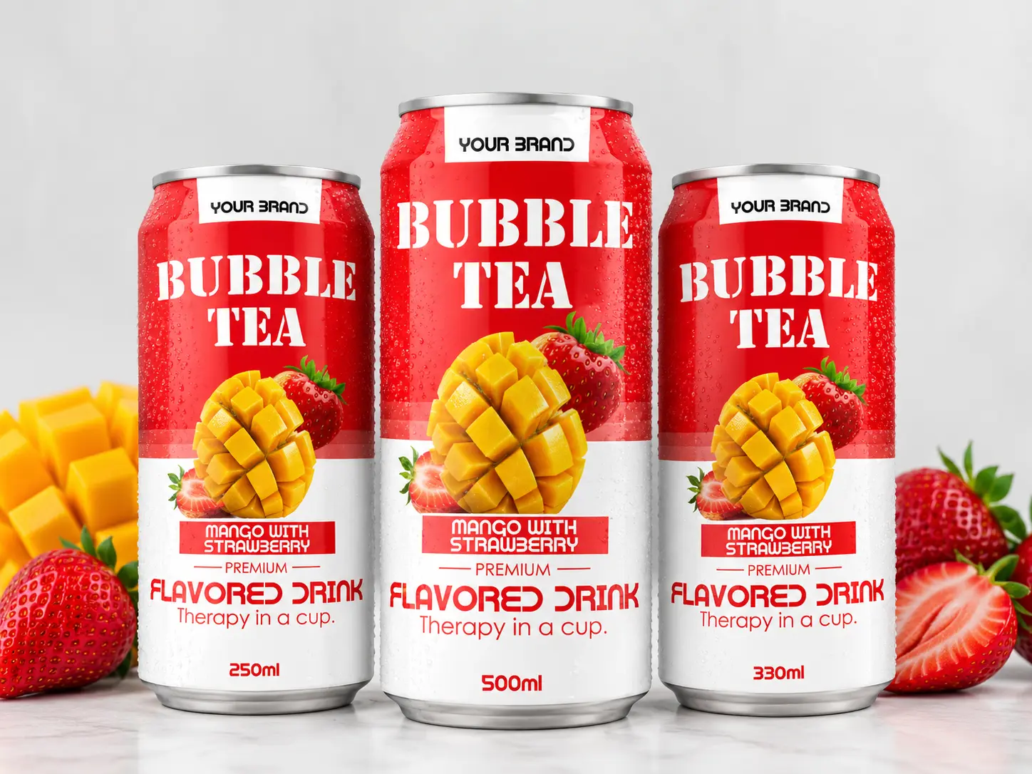 BUBBLE TEA Mango with Strawberry flavored drink shown in 250ml, 500ml, and 330ml cans.